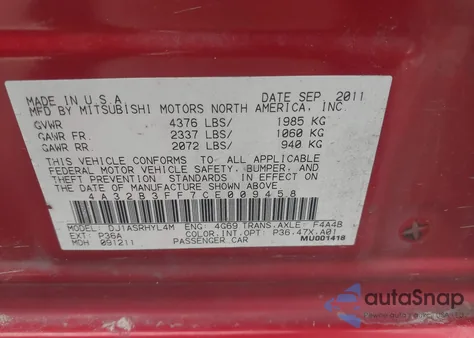 2012 Mitsubishi Galant Es/Se from USA, damaged, VIN 4A32B3FF7CE009458